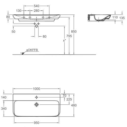 раковина подвесная geberit myday 100 см, 125400600