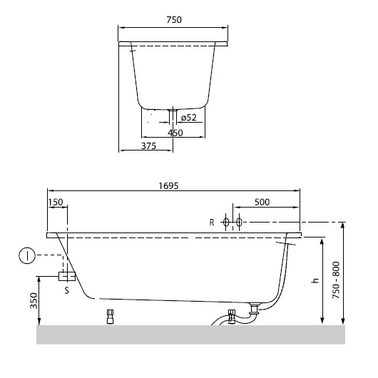 акриловая ванна villeroy & boch o.novo uba170cas2v-01 solo 170х75 см