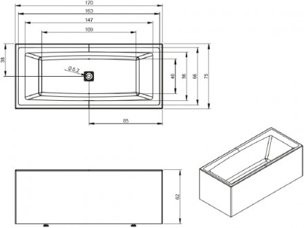 акриловая ванна riho still square elite 170x75 l b100031005 (bd1400500000000) без гидромассажа