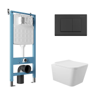 Комплект Aqueduto AQDS099 Унитаз подвесной Macio безободковый, с микролифтом + Система инсталляции для унитазов Tecnica Novo + Кнопка смыва Quadrado черная матовая