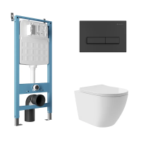 Комплект Aqueduto AQDS129Т Унитаз подвесной Ovo Plus безободковый, с микролифтом, смыв Tornado + Система инсталляции для унитазов Tecnica Novo + Кнопка смыва Retangulo черная матовая