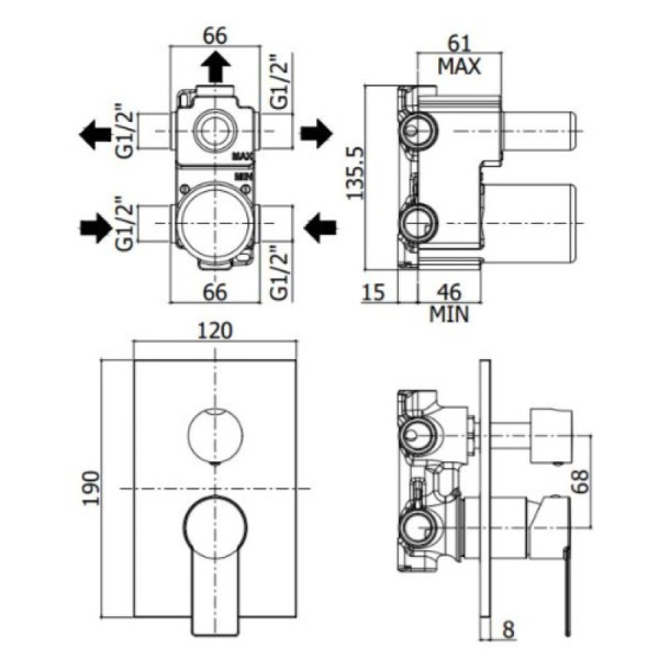 смеситель paffoni tango ta019cr для ванны и душа, встраиваемый, с внутренней частью, 3 потребителя, хром глянцевый