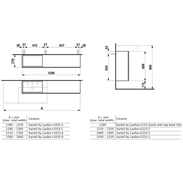 тумба под раковину слева laufen kartell 8.1033.5.400.104.1, 120х27х61см, с 1 дверцей и 2 створками, подвесная, покрытие llc, цвет: серая галька