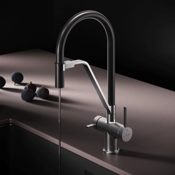 смеситель для кухни am.pm func f8f07812 coolstart, с подключением к фильтру, гибким изливом, сатин/черный