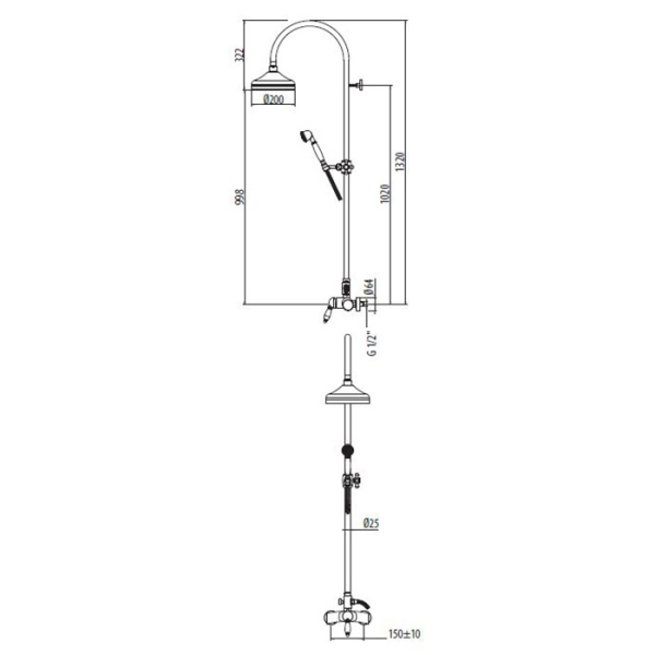 душевая стойка gattoni orta 2795/pdc0 old с верхнем душем 20см., со смесителем и ручным душем, хром