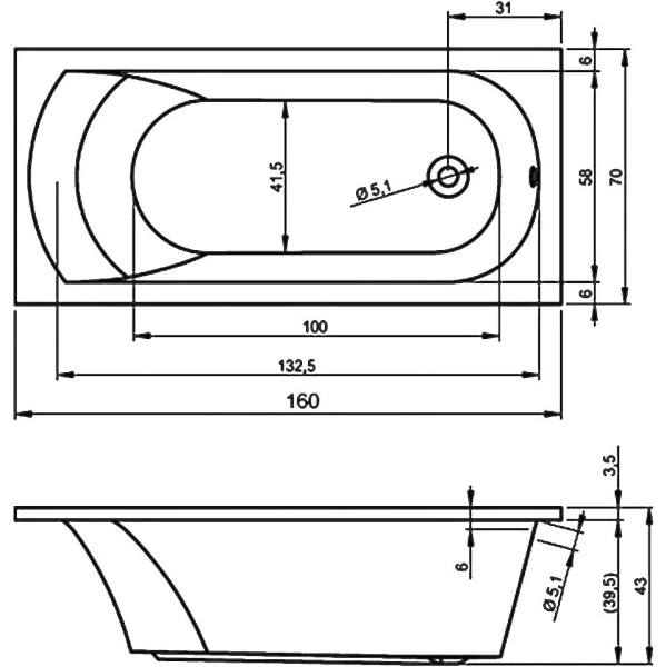 акриловая ванна riho miami b059001005 (bb6000500000000) 160x70 см, без гидромассажа
