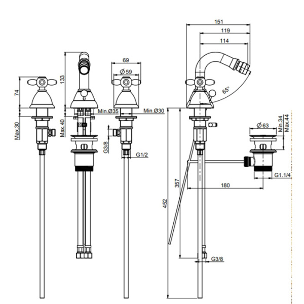 cмеситель fima carlo frattini olivia f5002or для биде, на 3 отв., с донным клапаном, золото