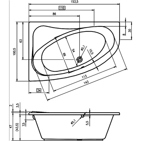 акриловая ванна riho lyra 153x100 b021001005 (ba6700500000000) r без гидромассажа акриловая ванна riho lyra 153x100 b021001005 (ba6700500000000) r без гидромассажа