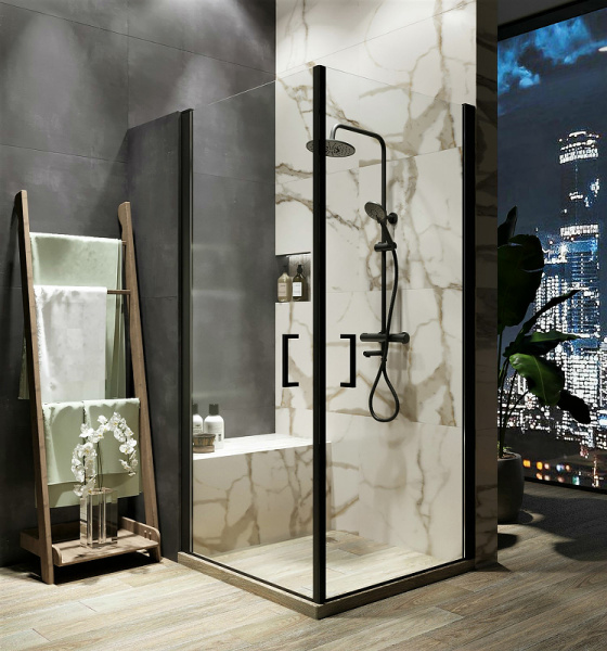 душевой уголок orange e04-090tb 90×90 профиль черный, стекло прозрачное