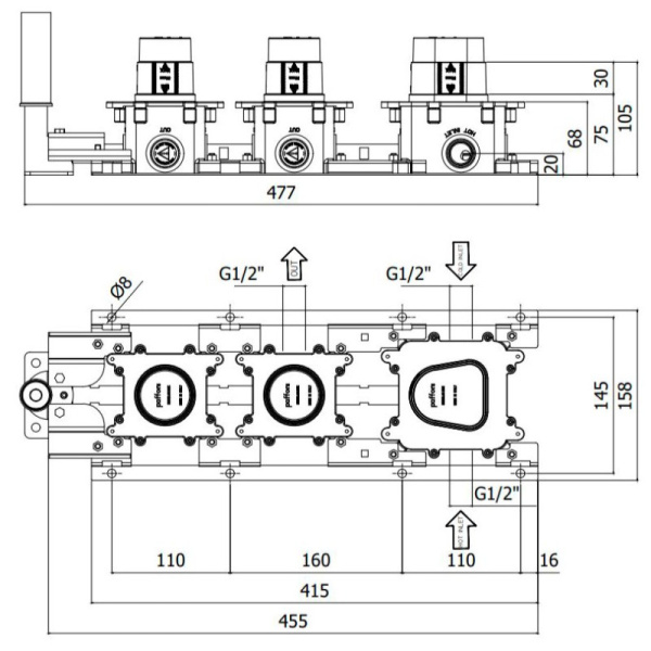 встраиваемая часть paffoni modular box mdbox000 термостата для mde000.., 2 выхода