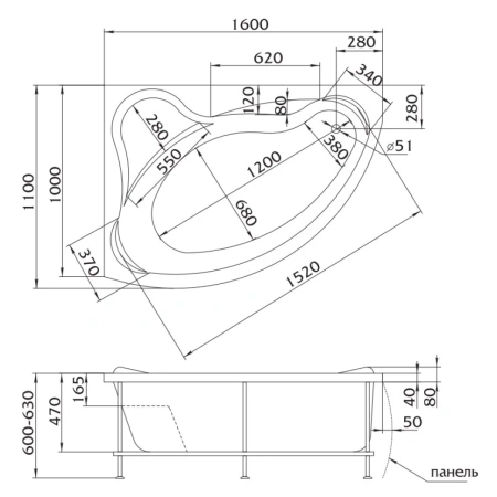 акриловая ванна 1marka catania 160x110 l, 01кт1610л без гидромассажа