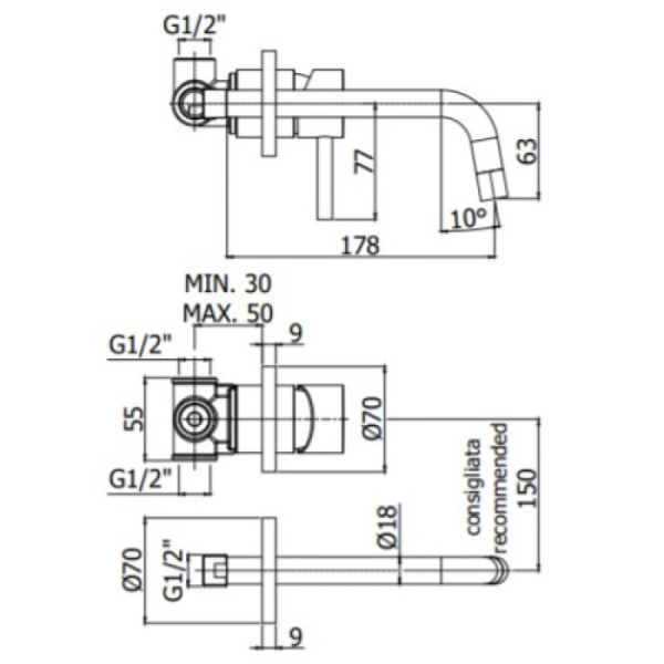 смеситель paffoni light lig006hgsp70 для раковины, без донного клапана, встраиваемый, с внутренней частью, излив 17.8 см, золотой матовый