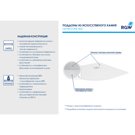 душевой поддон из искусственного камня rgw stone st/r-w 100×100 16153100-01 белый