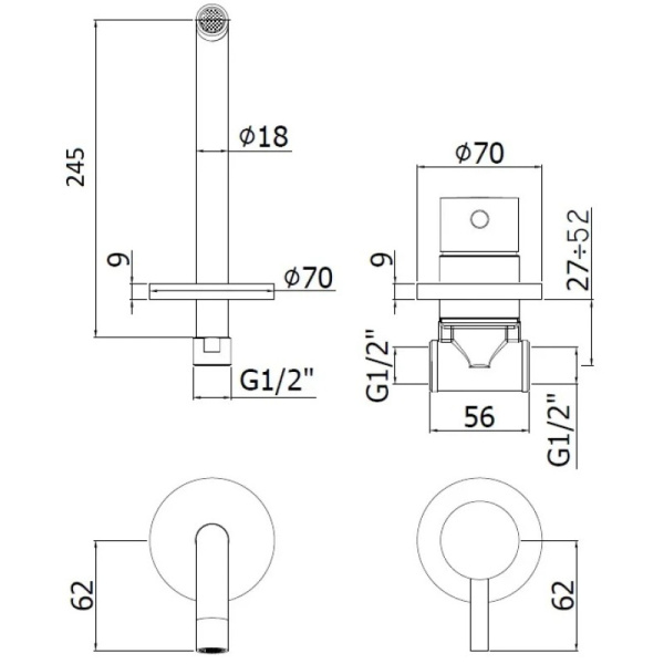 смеситель paffoni light lig007no70 для раковины, без донного клапана, встраиваемый, с внутренней частью, излив 24.8 см, черный матовый