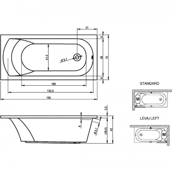 акриловая ванна riho miami 150x70 b058001005 (bb5800500000000) без гидромассажа