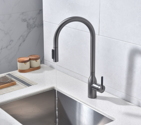 смеситель для кухни paulmark universal un213880-gm, с выдвижным изливом, цвет вороненая сталь