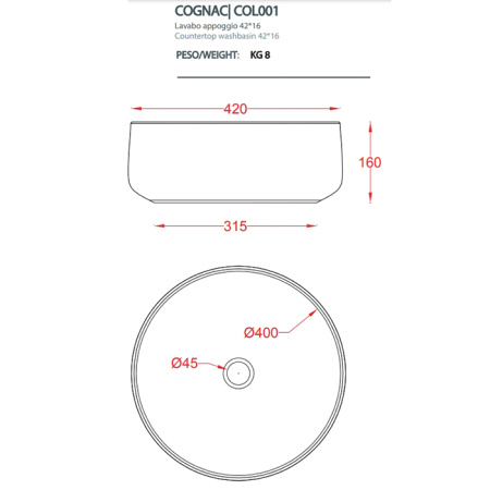 раковина artceram cognac col001 15 34 накладная, без отв., без перелива, на столешницу, saniglaze, ø42xh16 см, grigio oliva