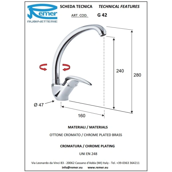 смеситель для кухни remer giga g42