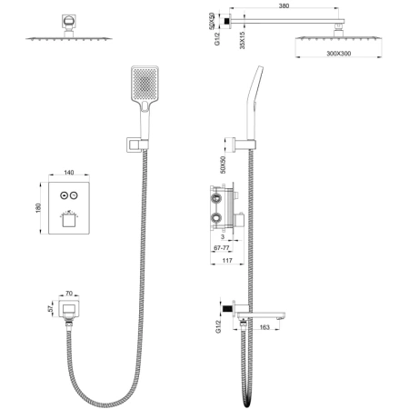 душевой комплект wonzon & woghand ww-88929003-cr 300 мм, с термостатом, хром