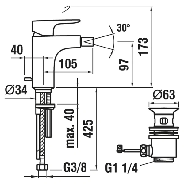 смеситель laufen cityplus 3.4175.1.004.111.1 для биде, с донным клапаном, хром