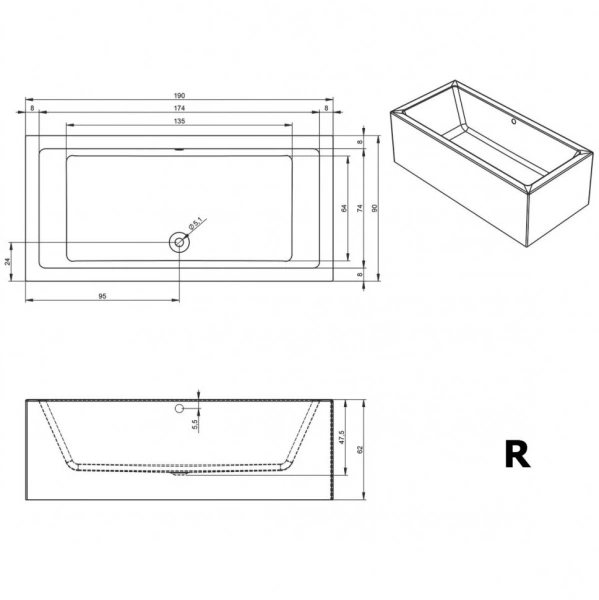 акриловая ванна riho lugo 190х90 r b136014005 (bd6900500000000) без гидромассажа