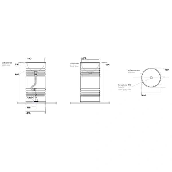 раковина напольная kerasan artwork barrel 4742k01, 45 x h90 см, слив в пол, цвет белый