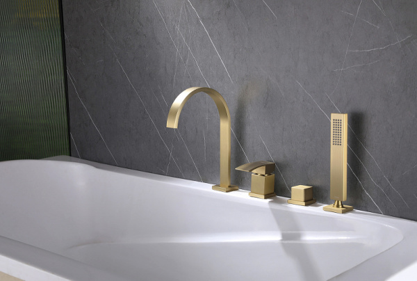 смеситель на борт ванны abber wasserfall af8613g с душевым гарнитуром, золотой матовый