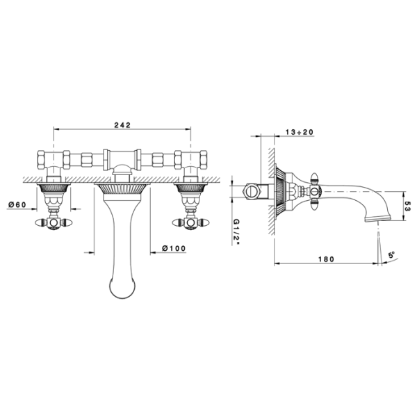 nicolazzi nicolazzi impero смеситель для раковины настенный на 3 отверстия, излив: 180 мм, цвет: хром