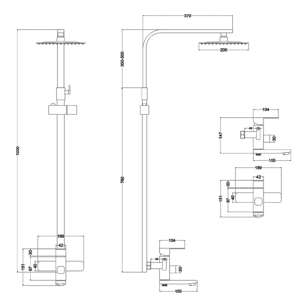 душевая система melana 610207 cubo с тропическим душем, лейкой и смесителем, цвет сатин