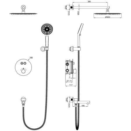 душевой комплект wonzon & woghand ww-88929010-cr 300 мм, с термостатом, хром
