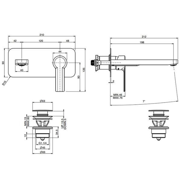 cмеситель fima carlo frattini mast f3141wlx5or для раковины, встраиваемый, излив 19.9 см, золото