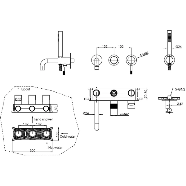 смеситель для ванны boheme uno 464-3-cb встраиваемый, с душевым гарнитуром, медь матовая