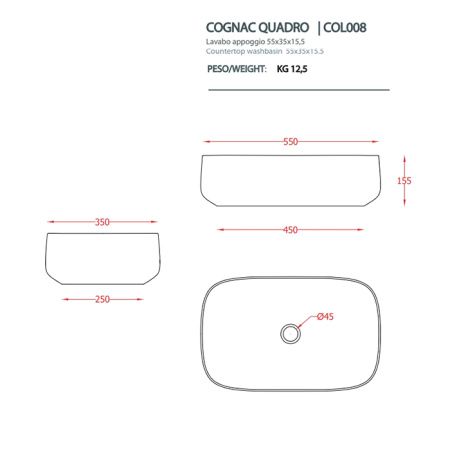 раковина artceram cognac quadro col008 60 34 накладная, без отв., без перелива, на столешницу, saniglaze, 55x35xh15.5 см, gravel