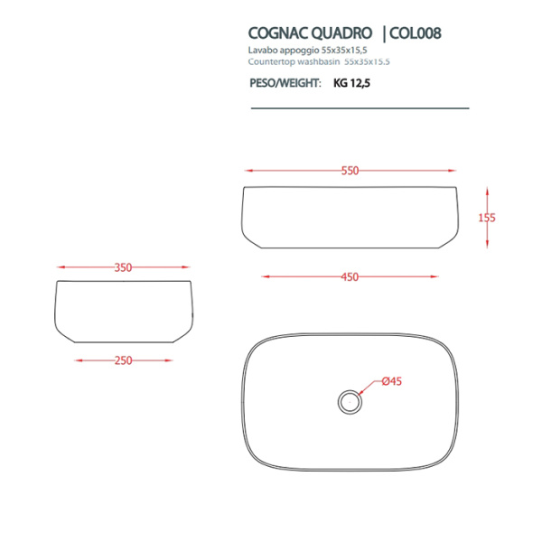 раковина artceram cognac quadro col008 60 34 накладная, без отв., без перелива, на столешницу, saniglaze, 55x35xh15.5 см, gravel