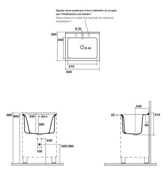 раковина полувстраиваемая kerasan aquadom 60х50 029201*0