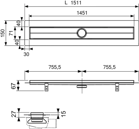 душевой лоток tece tecedrainline 601500 150 см, прямой, без крышки, с гидроизоляцией seal system, серебристый металлик
