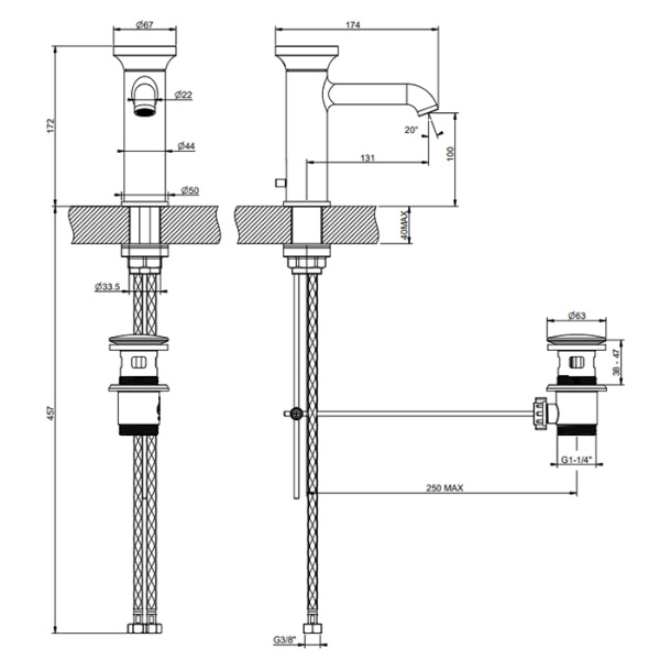 gessi gessi origini смеситель для раковины, на 1 отв.. с донным клапаном и соединительными шлангами, цвет: finox brushed nickel