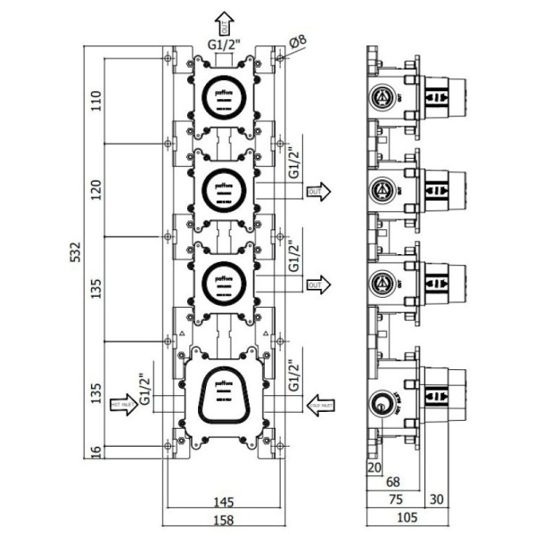 скрытая часть paffoni modular box mdbox019 для душа, термостат, 3 потребтеля,