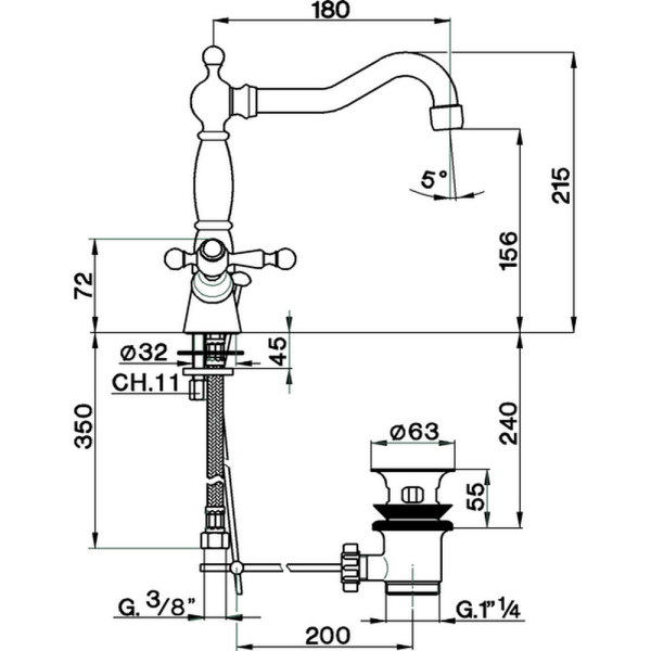 cisal arcana america смеситель для раковины на 1 отверстие, с донным клапаном, цвет: золото