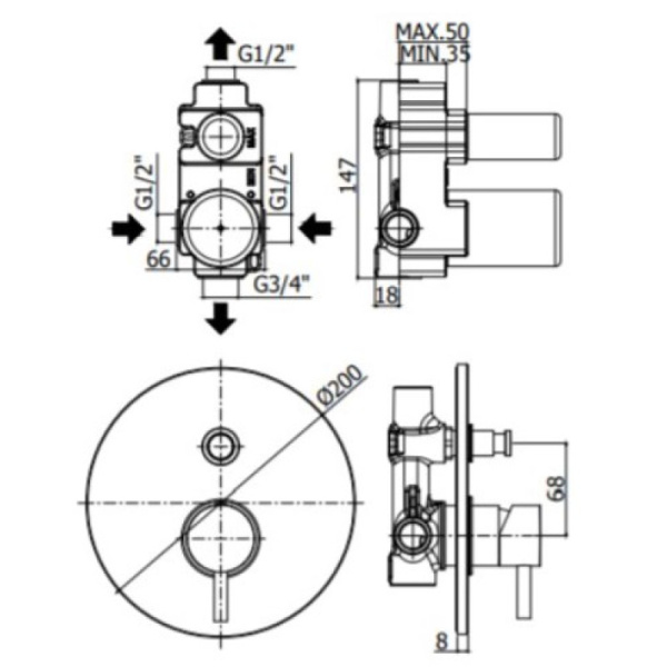 смеситель paffoni light lig015hgsp для ванны и душа, встраиваемый, с внутренней частью, золотой матовый