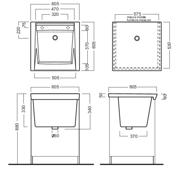раковина полувстраиваемая hatria specials 60.5x60.5x33 см yxmc01