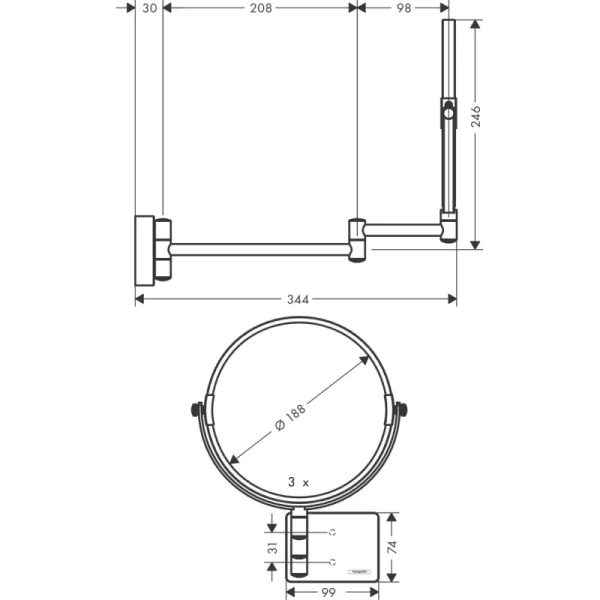 Косметическое зеркало x 3 Hansgrohe AddStoris 41791340, цвет черный шлифованный хром