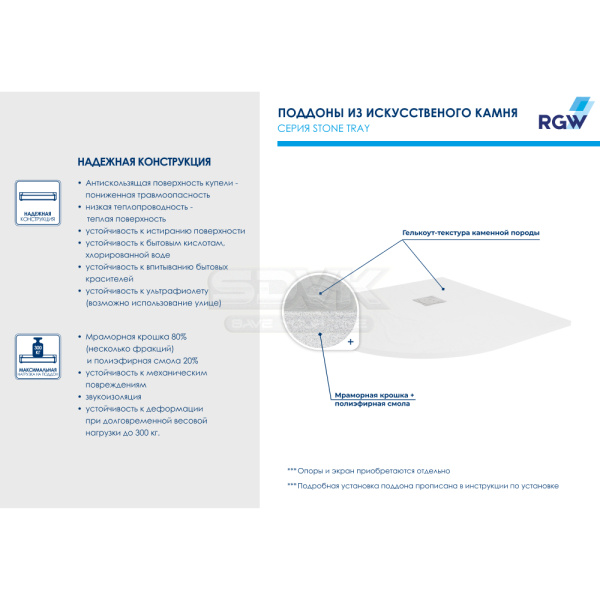 душевой поддон из искусственного камня rgw str-099w 90×90 16153099-01 белый