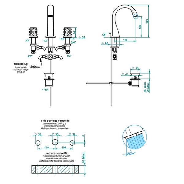 thg thg mossi смеситель для раковины, 3 отв., цвет: хром/прозрачный хрусталь