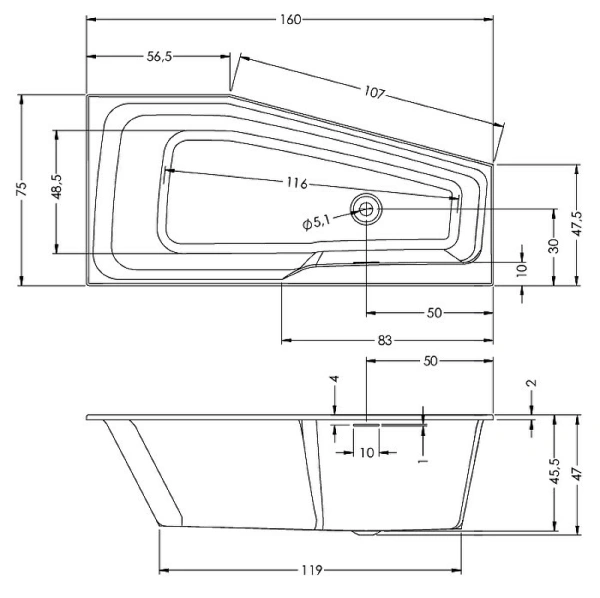 акриловая ванна riho rething space 160х75 l b112001005 (br1400500000000) без гидромассажа