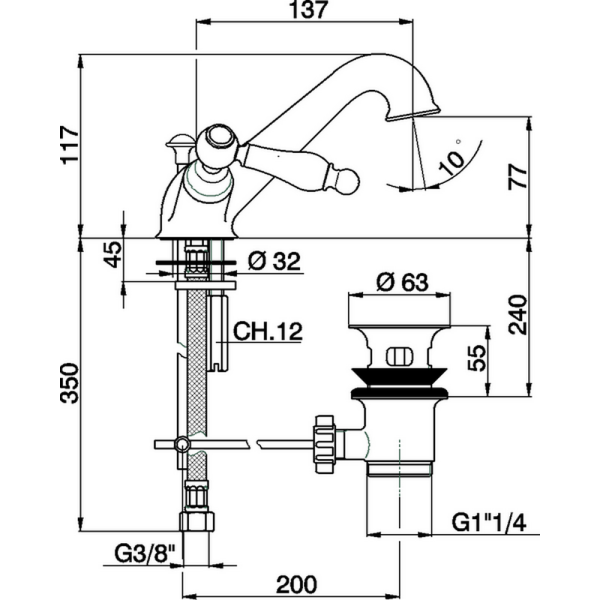 cisal arcana toscana смеситель двухвентильный для раковины на 1 отверстие с донным клапаном, цвет: бронза