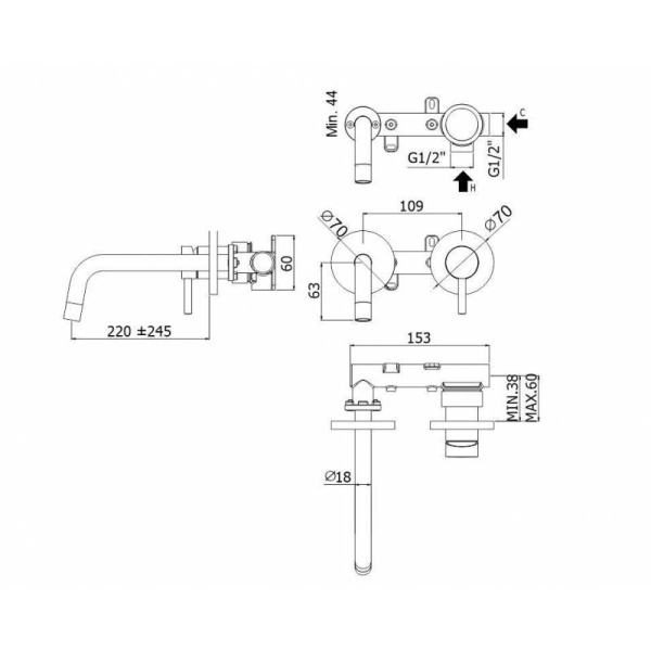 смеситель paffoni light lig103hg70 для раковины, без донного клапана, встраиваемый, с внутренней частью, излив 24.5 см, золотой