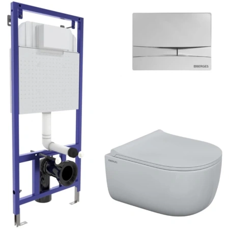 Комплект унитаза с инсталляцией Berges Ego Rimless 047253 с сиденьем микролифт и клавишей смыва Хром