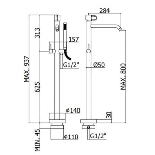смеситель paffoni joker jk032no для ванны, напольный, с душевым гарнитуром, излив 28.4 см, h93.7 см, черный матовый