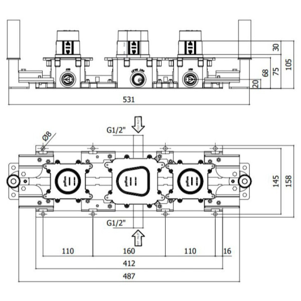 встраиваемая часть paffoni modular box mdbox001 термостата для mde001.., 2 выхода